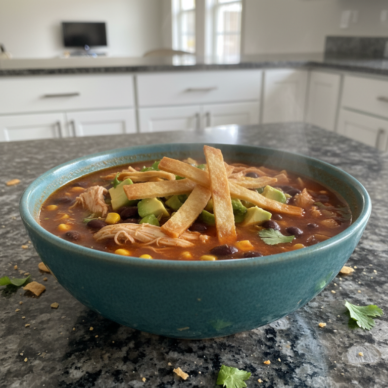 A vibrant bowl of chicken tortilla soup, garnished with crispy tortilla strips, fresh avocado, and a dollop of sour cream.