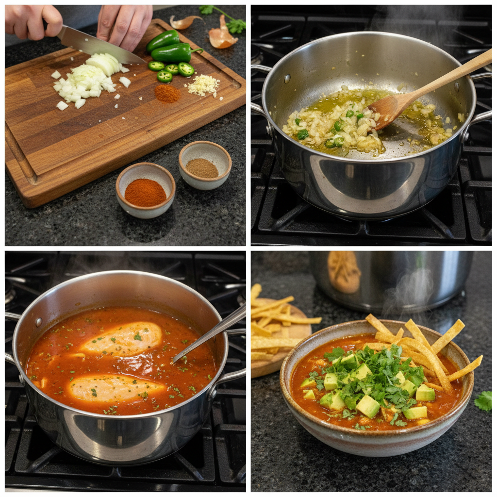 A simmering pot of chicken tortilla soup on the stove, showing chicken, beans, and vegetables bubbling gently in a rich broth.