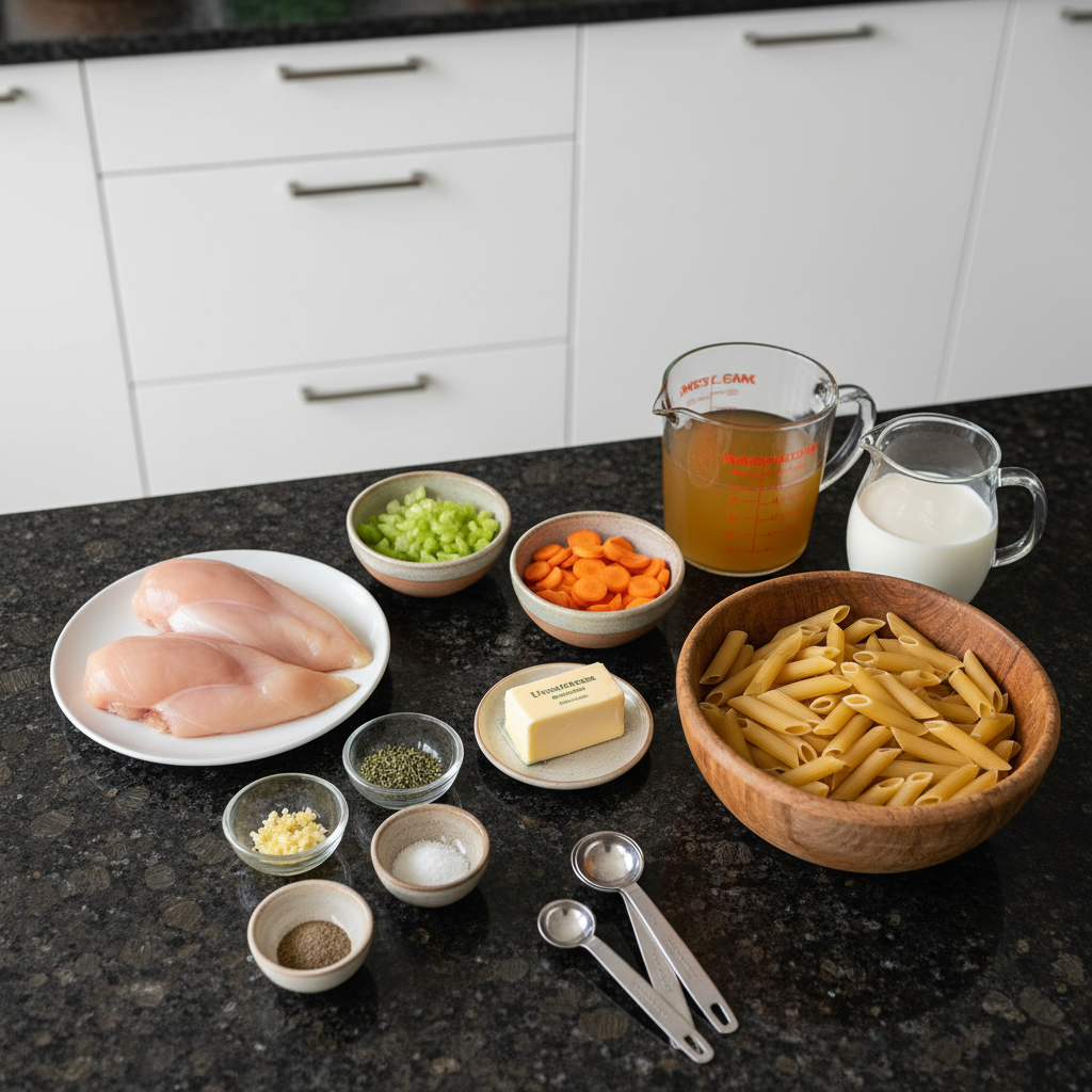 Fresh ingredients laid out for making creamy chicken noodle soup in a crock pot, including chicken, vegetables, noodles, and cream.
