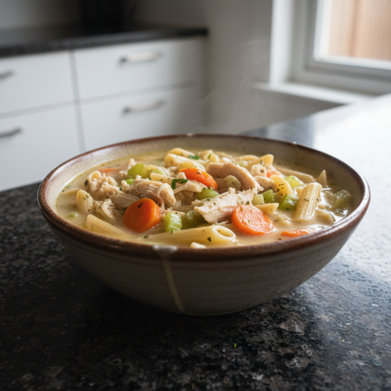 A rich, warm bowl of creamy chicken noodle soup, made in a crock pot, garnished with fresh herbs.