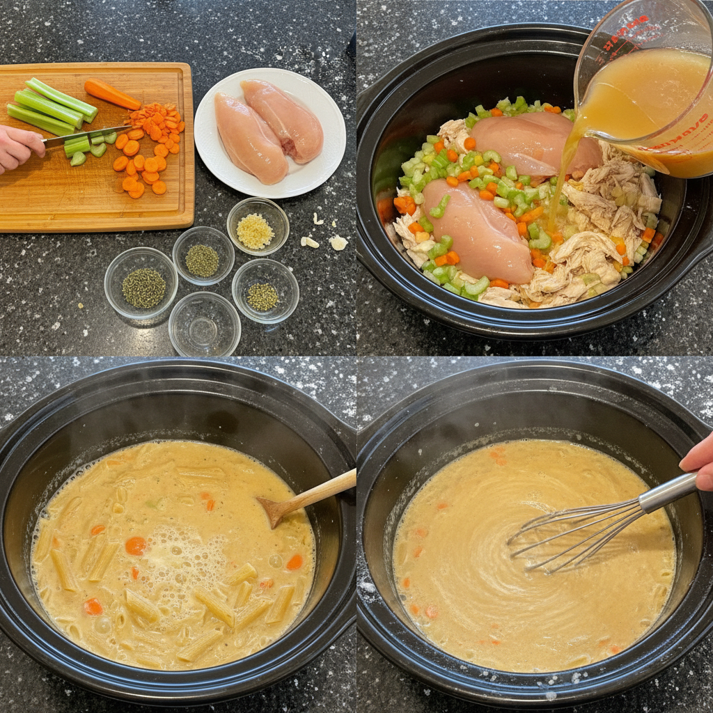 Chicken, vegetables, and broth simmering together in a crock pot, an early step for creamy chicken noodle soup.