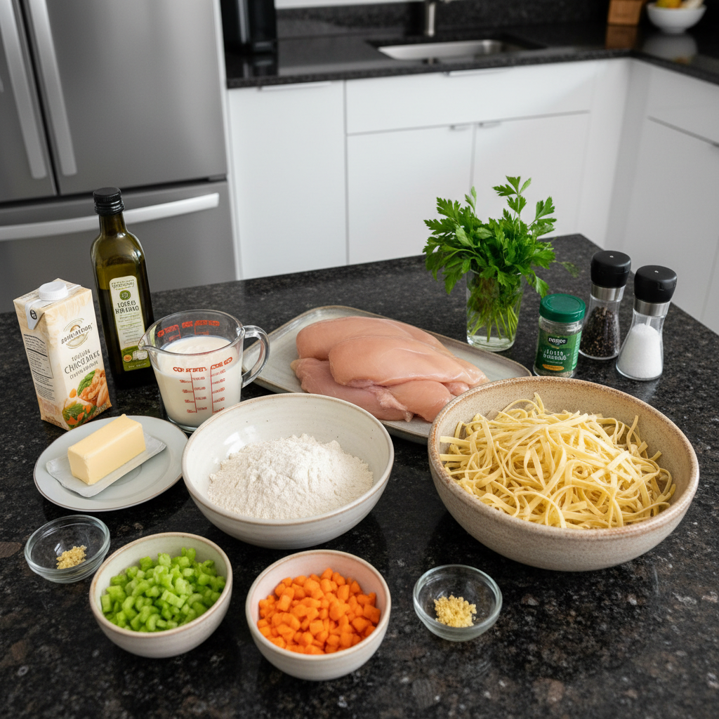 Fresh ingredients for creamy chicken noodle soup laid out on a counter, including chicken, pasta, vegetables, and cream.