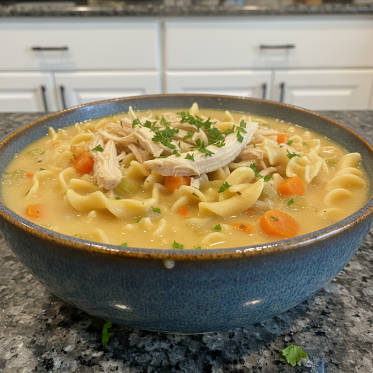 A steaming bowl of creamy chicken noodle soup, garnished with fresh parsley, sitting on a wooden table.