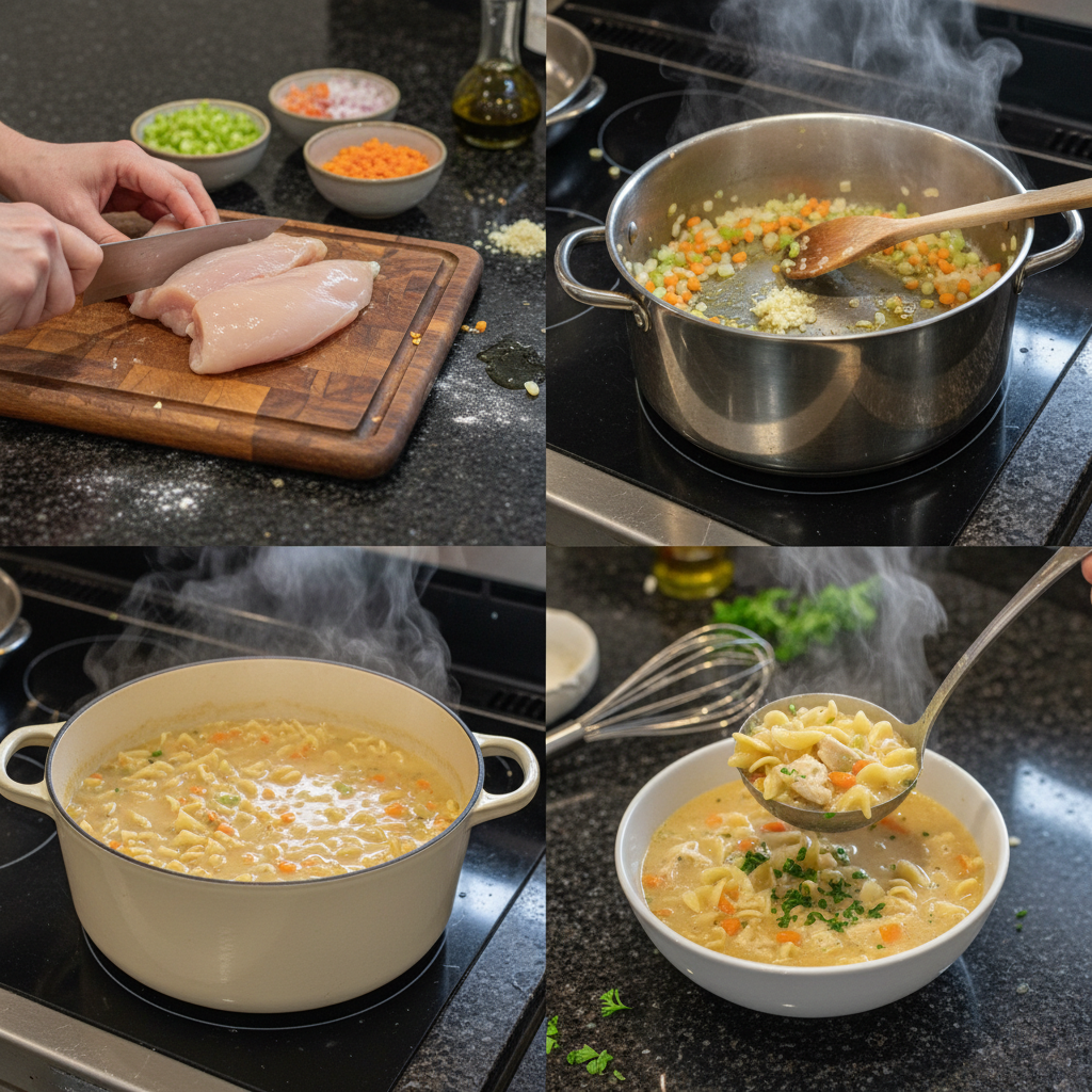 A close-up shot of a pot of creamy chicken noodle soup gently simmering on the stove, being stirred with a wooden spoon.