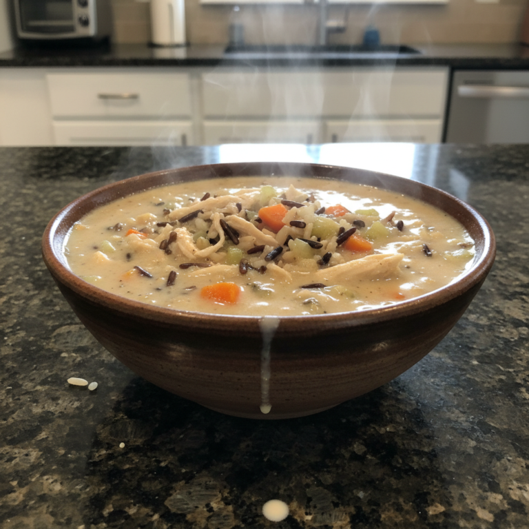 A rustic bowl of creamy chicken and wild rice soup, garnished with fresh herbs, ready to be served.