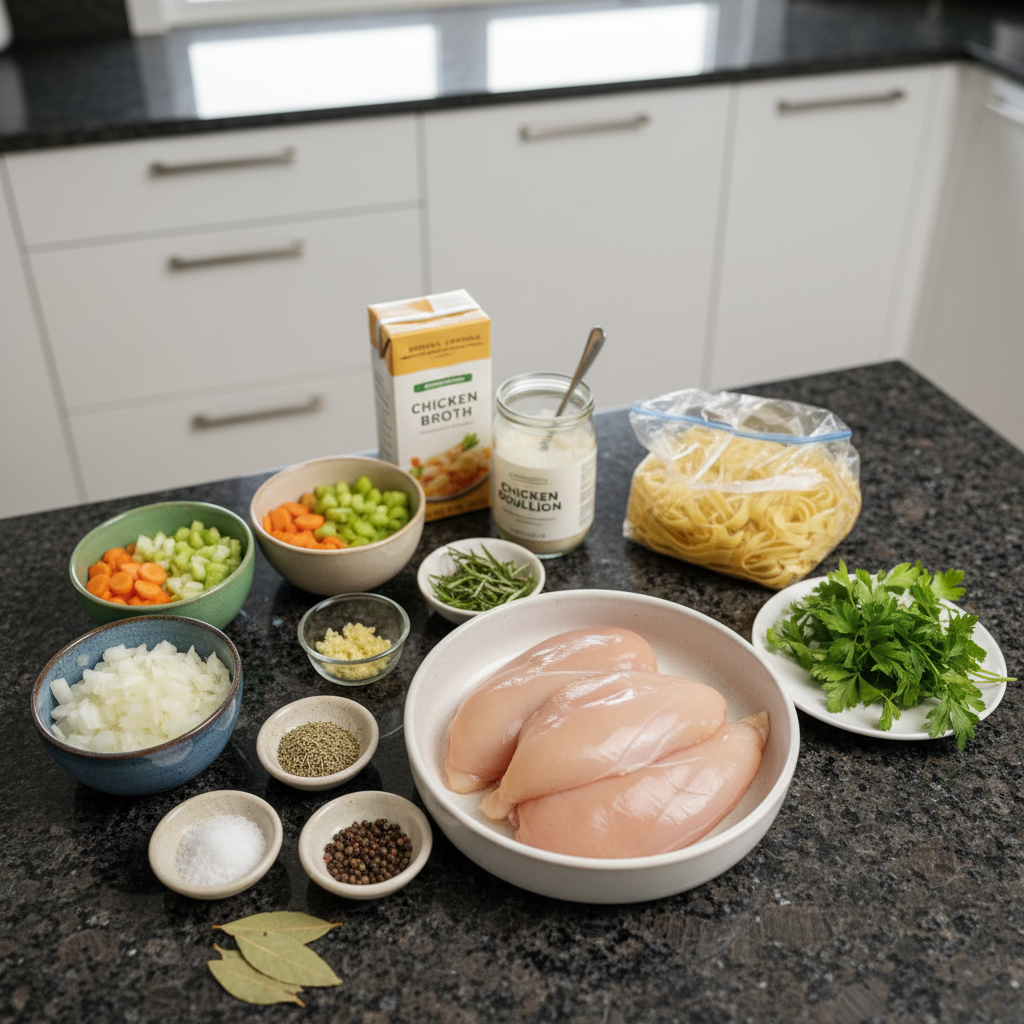 Fresh ingredients like chicken breasts, carrots, celery, egg noodles, and herbs laid out for crockpot chicken noodle soup.