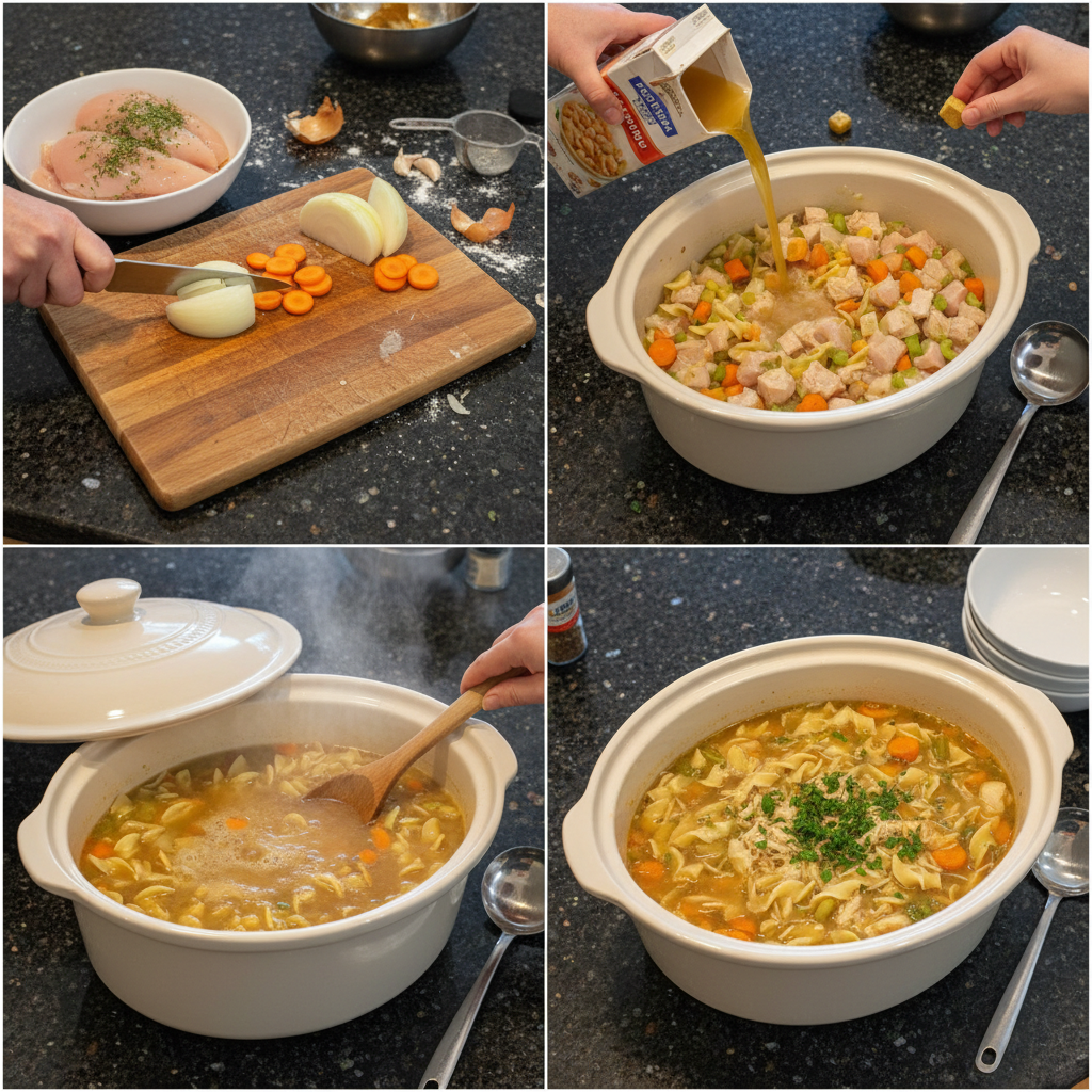 All chopped vegetables and chicken for crockpot chicken noodle soup being carefully added to the slow cooker insert.