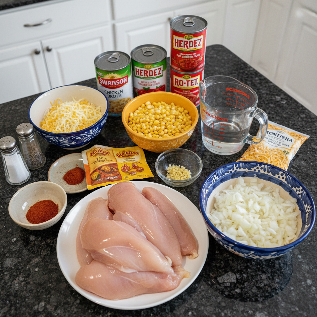 Fresh ingredients for crockpot chicken tortilla soup laid out on a cutting board, including chicken breast, corn, and diced tomatoes.