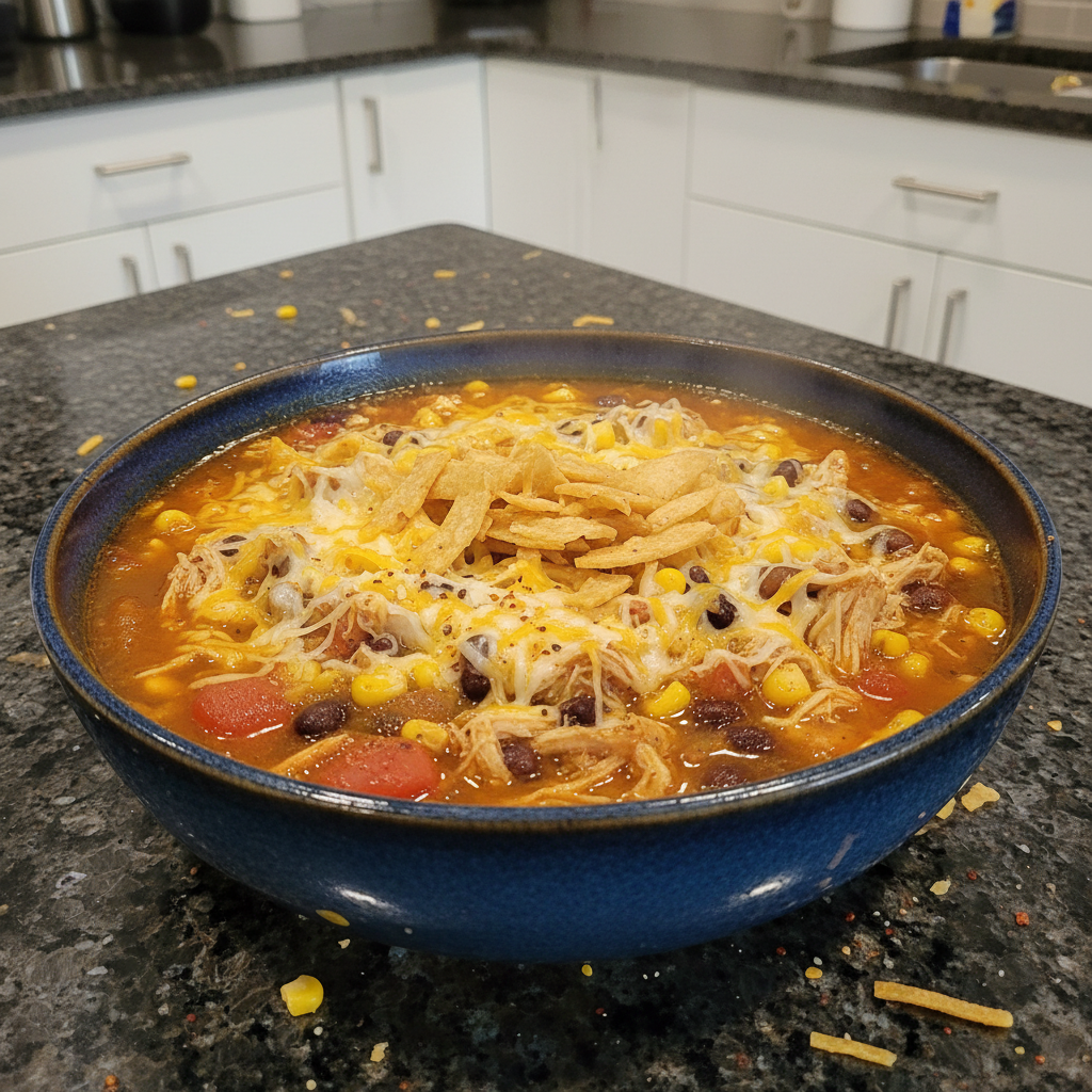 A hearty bowl of crockpot chicken tortilla soup, garnished with avocado, cilantro, and crispy tortilla strips.