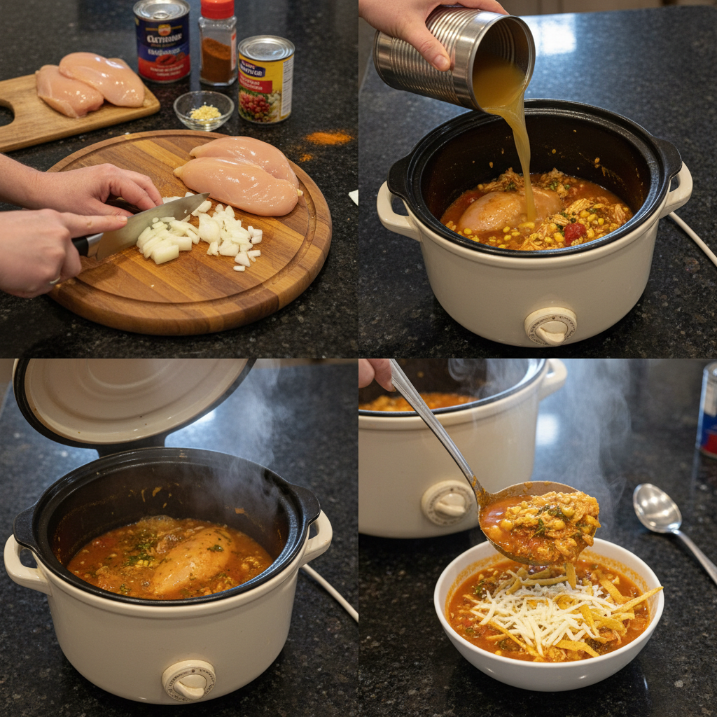 Shredded chicken being added to the slow cooker with broth and vegetables for crockpot chicken tortilla soup.
