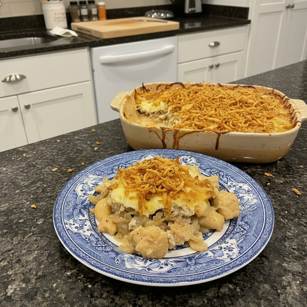 A bubbling french onion chicken casserole, golden brown and topped with melted Gruyere cheese, fresh thyme.