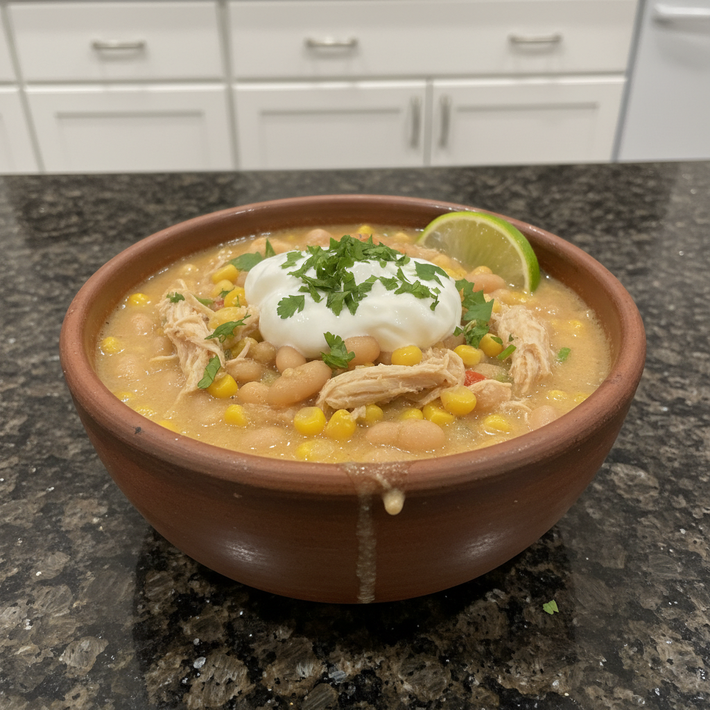 Creamy instant pot white chicken chili garnished with fresh cilantro and cheese in a rustic bowl.