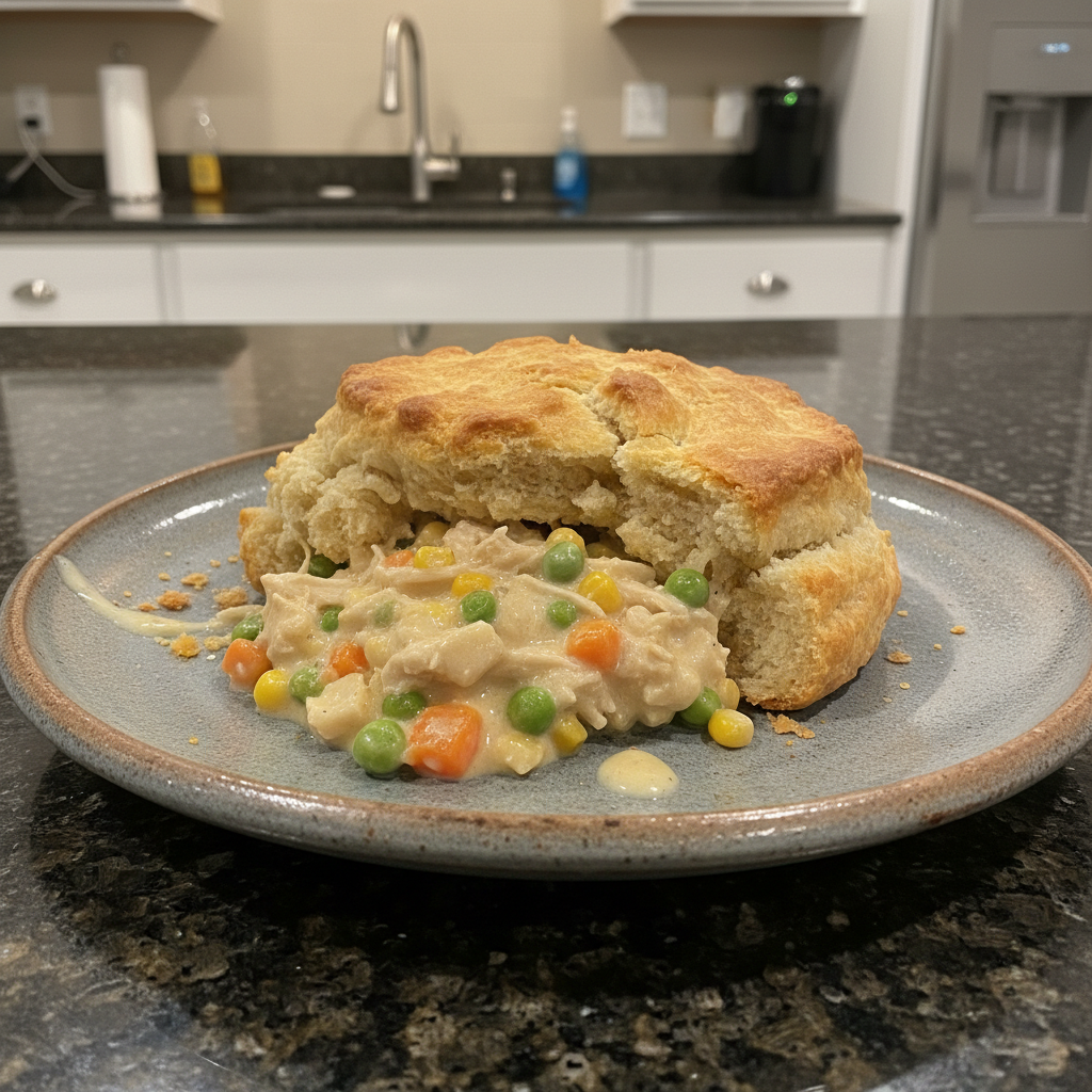 A golden-brown, flaky-crusted lazy chicken pot pie, fresh from the oven, with steam rising.