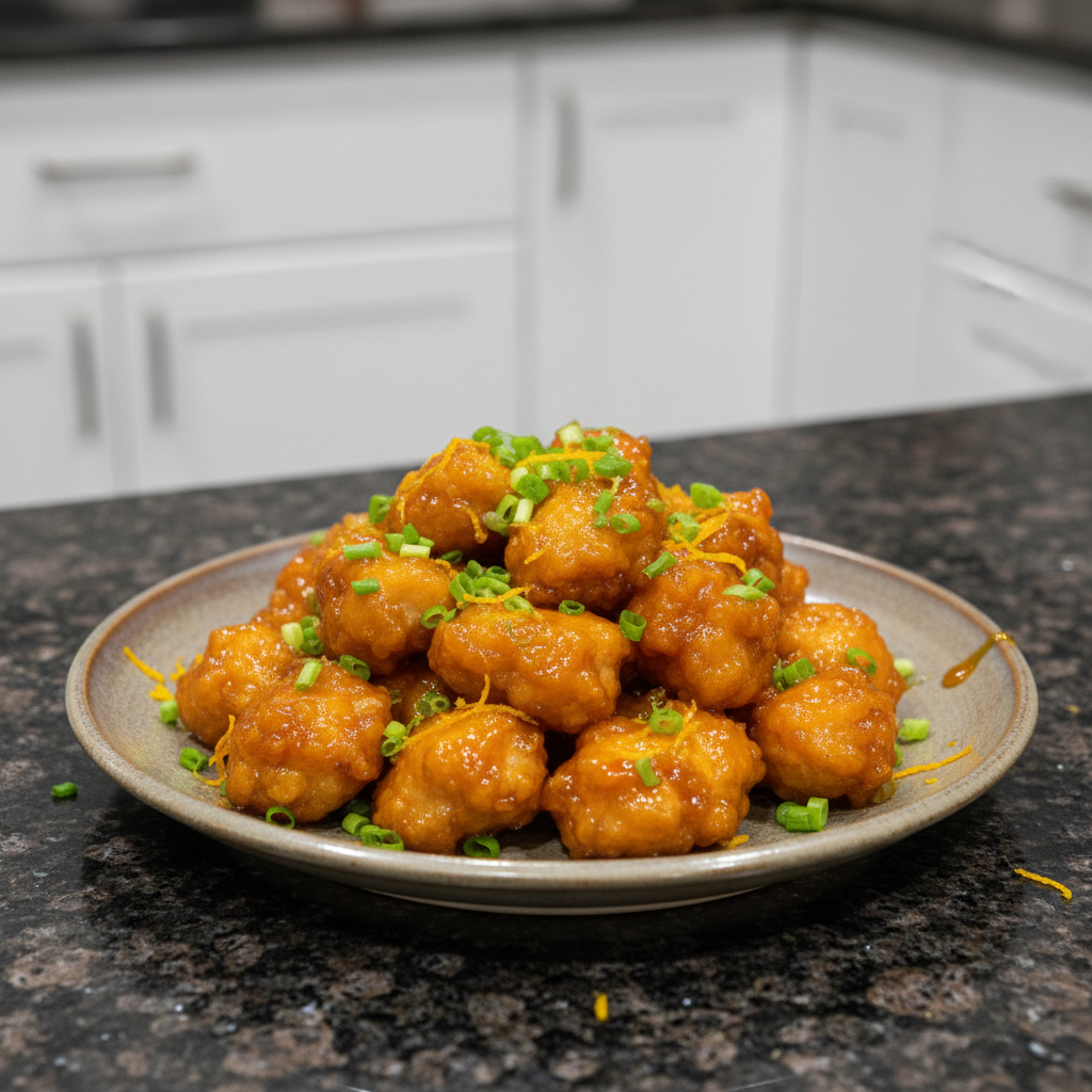 A vibrant plate of crispy orange chicken recipe, garnished with fresh green onions and sesame seeds, ready to be enjoyed.