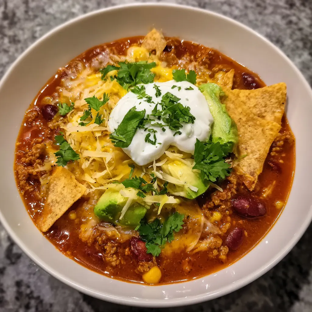 A top-down view of a hearty bowl of High-Protein Turkey Chili, garnished with sour cream, shredded cheese, avocado, and fresh cilantro, served with tortilla chips.