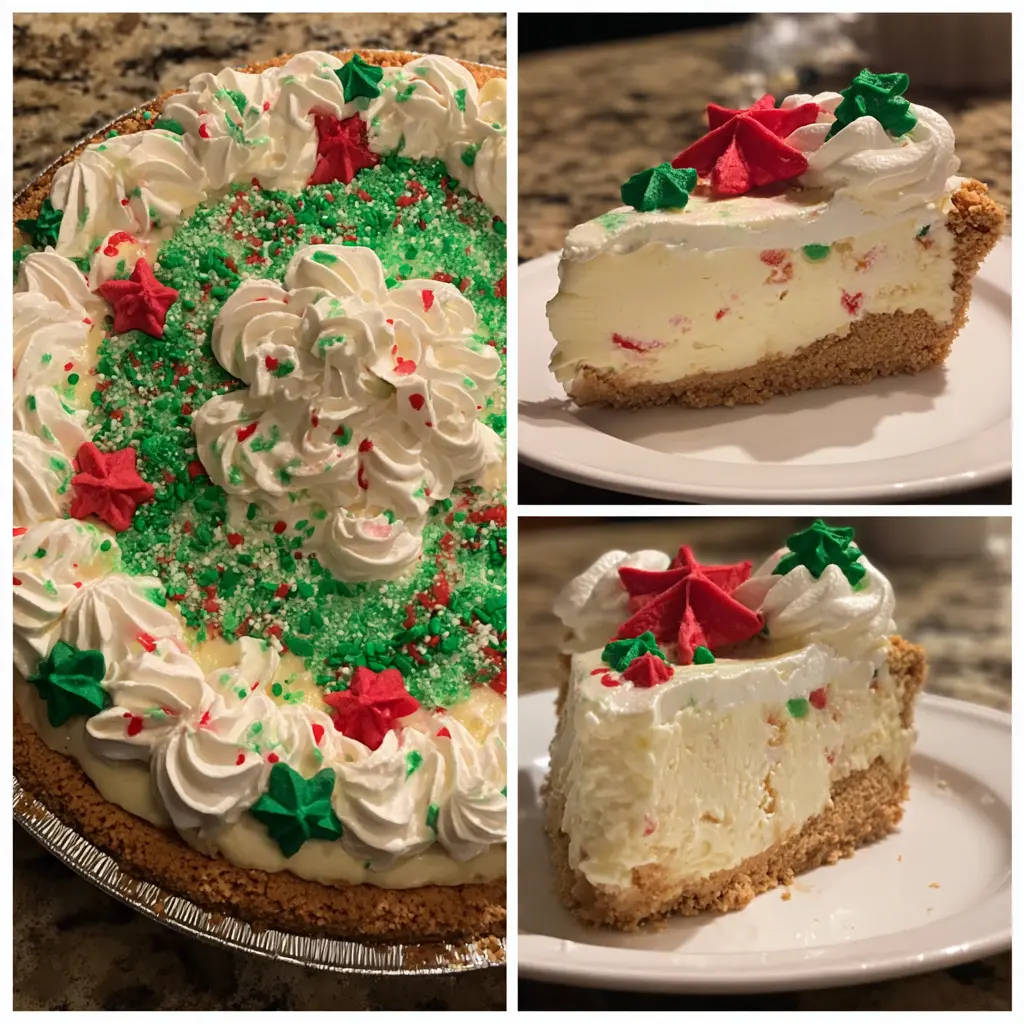 Festive Christmas tree cheesecake recipe with green sprinkles, red and green star decorations, and whipped cream dollops.