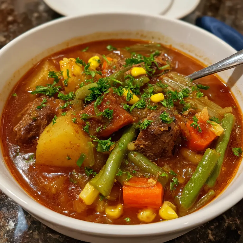 A close-up of a hearty bowl of rich vegetable beef stew, garnished with fresh parsley.