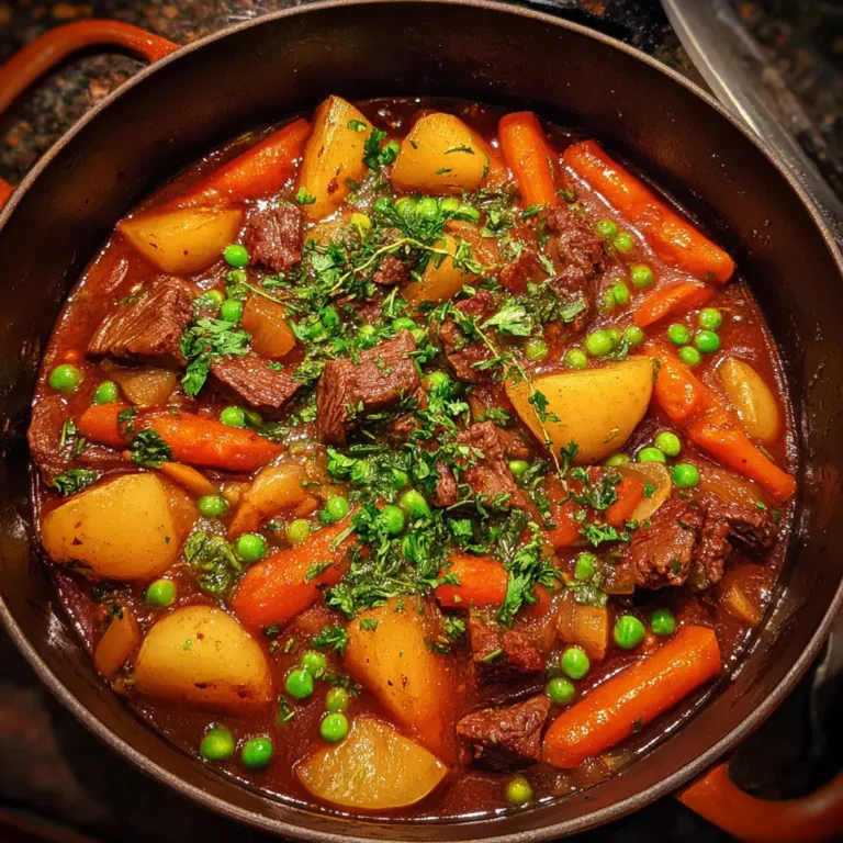 Hearty dutch oven beef stew simmering in a rustic cast-iron pot.