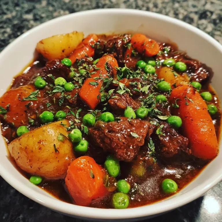 Appetizing close-up of a hearty crock pot beef stew with tender beef, carrots, potatoes, and peas, garnished with fresh herbs.