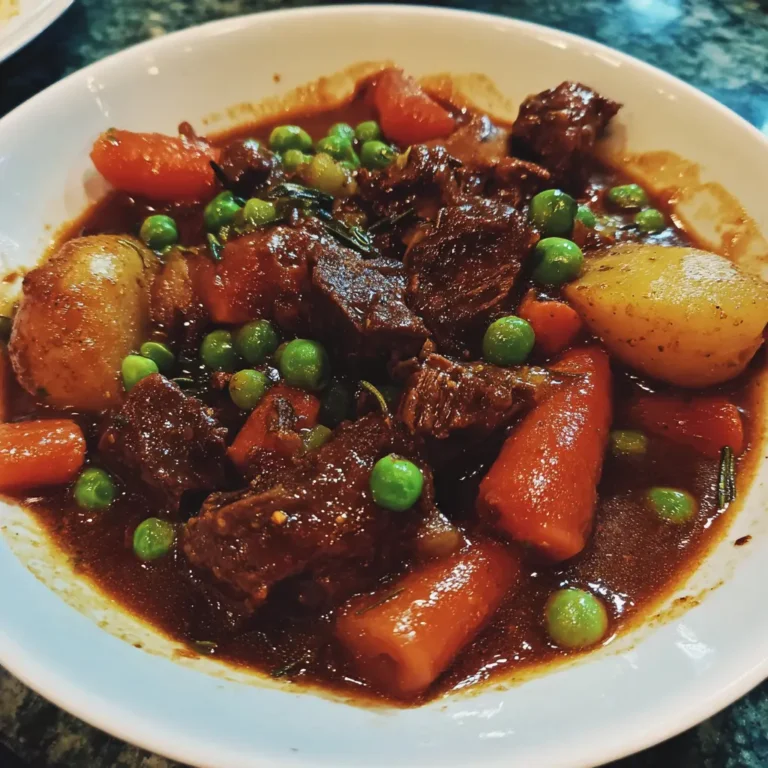 Close-up of a hearty crockpot beef stew in a white bowl, featuring tender beef, carrots, potatoes, and peas in a rich, dark sauce, garnished with fresh herbs.