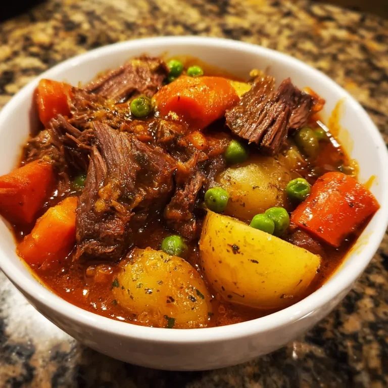 A close-up of a hearty white bowl filled with instant pot beef stew, featuring tender beef, potatoes, carrots, and peas in a rich, glossy gravy.