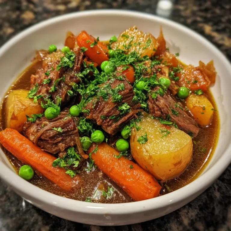 A close-up of a hearty instant pot beef stew in a white bowl, garnished with fresh parsley.