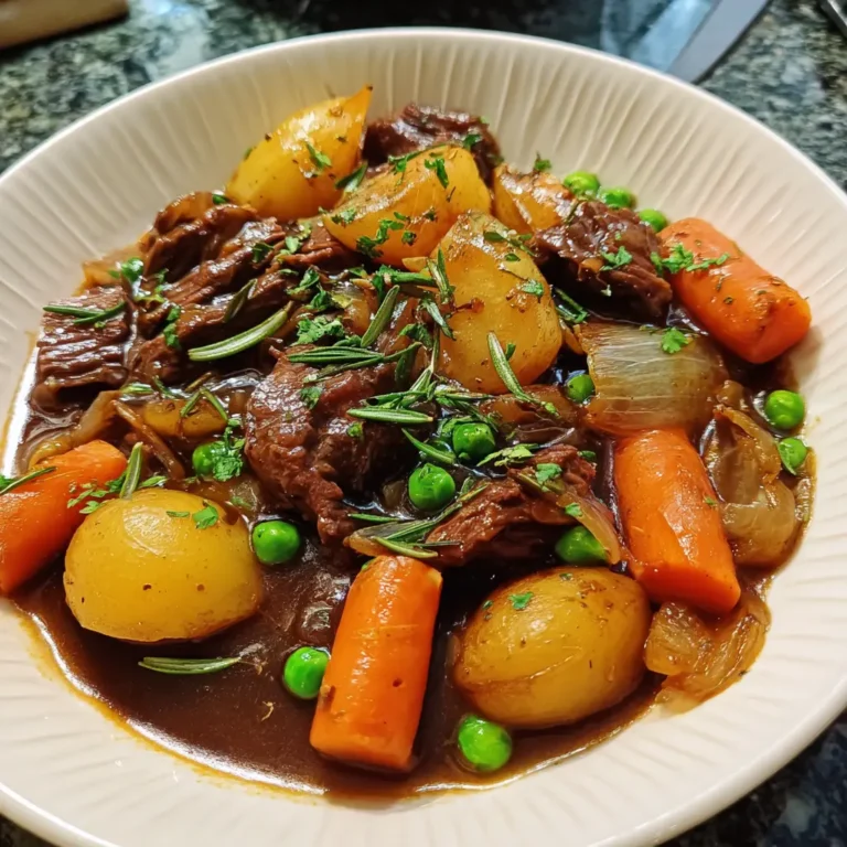 A close-up of a hearty slow cooker beef stew, brimming with tender beef, potatoes, carrots, peas, and a rich gravy, garnished with fresh rosemary.