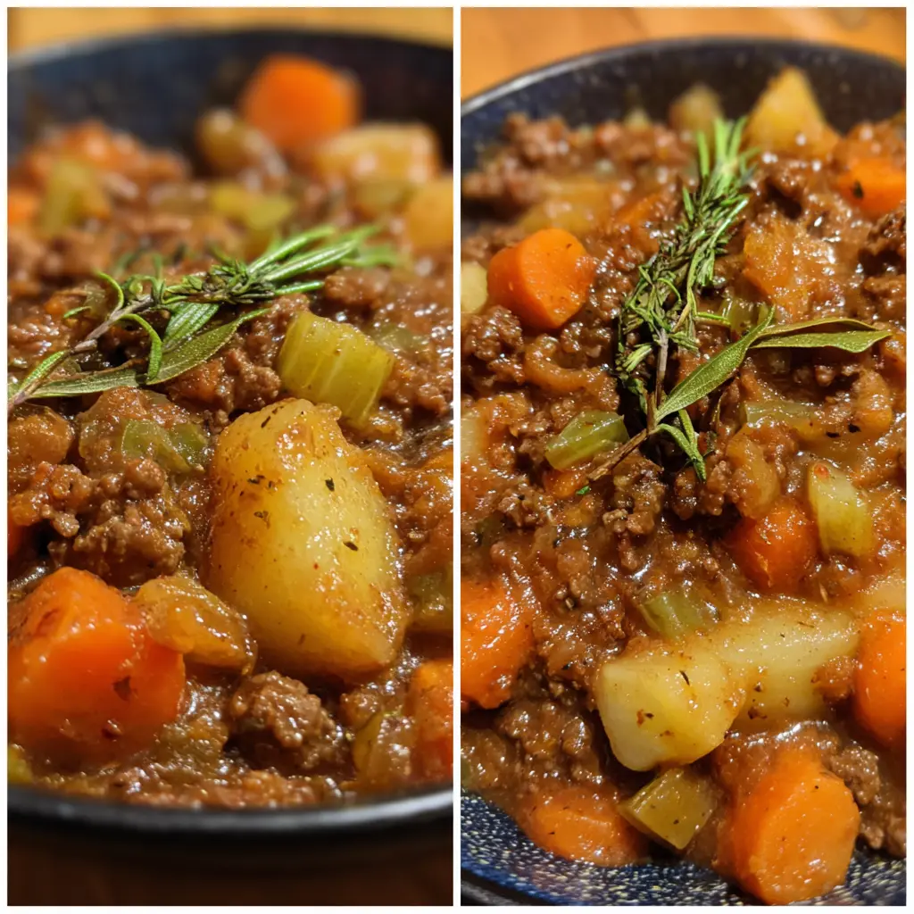 Hearty ground beef stew in a dark speckled bowl, garnished with fresh rosemary.