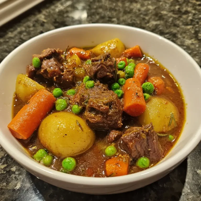 Close-up of a hearty and easy beef stew with tender meat, carrots, potatoes, and peas in a rich gravy, served in a white ceramic bowl.