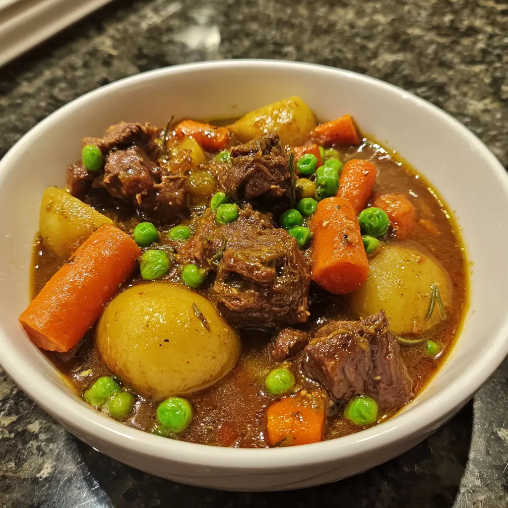 Close-up of a hearty and easy beef stew with tender meat, carrots, potatoes, and peas in a rich gravy, served in a white ceramic bowl.