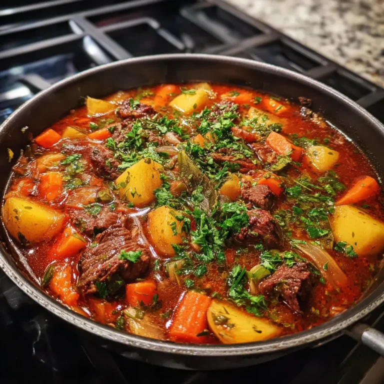 Hearty beef stew simmering on a stove top in a dark pan, featuring tender beef, potatoes, carrots, and fresh parsley.