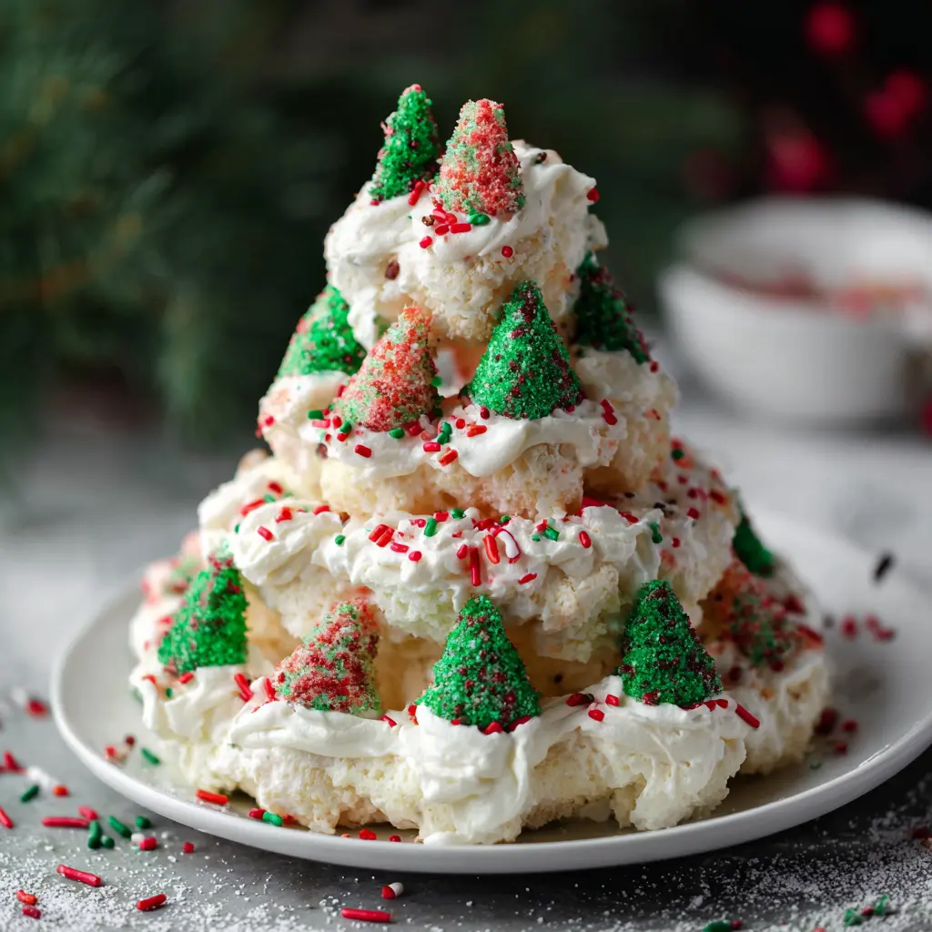 Festive Christmas tree dip recipe dessert, crafted from cake and frosting, adorned with mini green trees and sprinkles.