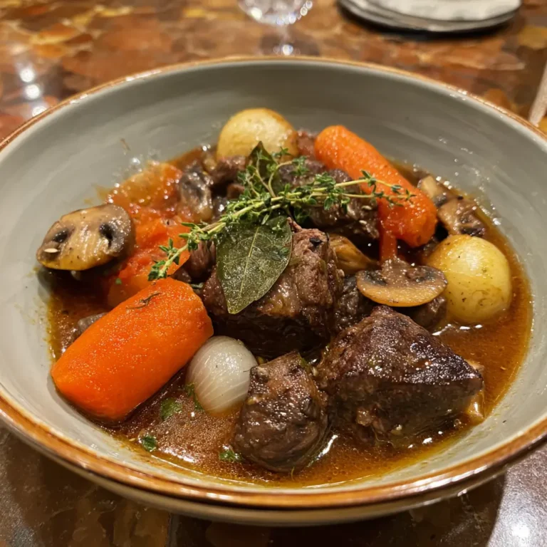 Close-up of a hearty bowl of rich keto beef stew, featuring tender meat, mushrooms, and fresh herbs, served on a polished stone surface.
