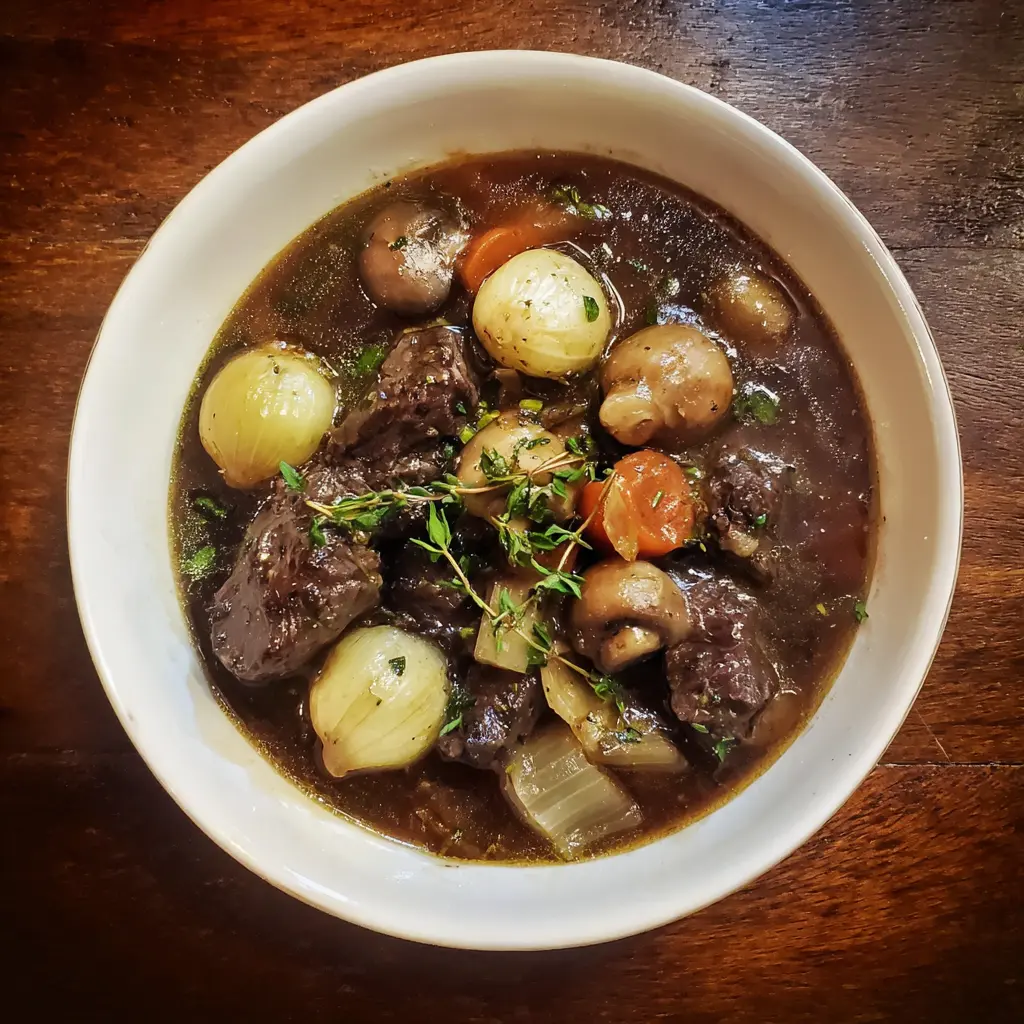 A rich and hearty bowl of keto beef stew with tender beef, mushrooms, pearl onions, and carrots, garnished with fresh thyme on a rustic wooden surface.