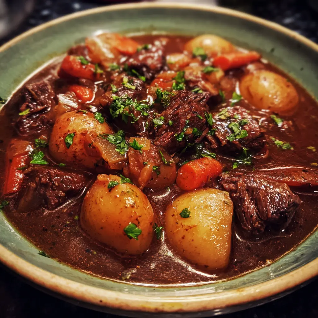 Close-up of a hearty Irish beef stew in a rustic bowl, garnished with fresh herbs.