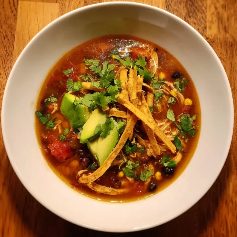 Hearty bowl of chicken tortilla soup garnished with avocado, cilantro, and crispy tortilla strips on a wooden surface.