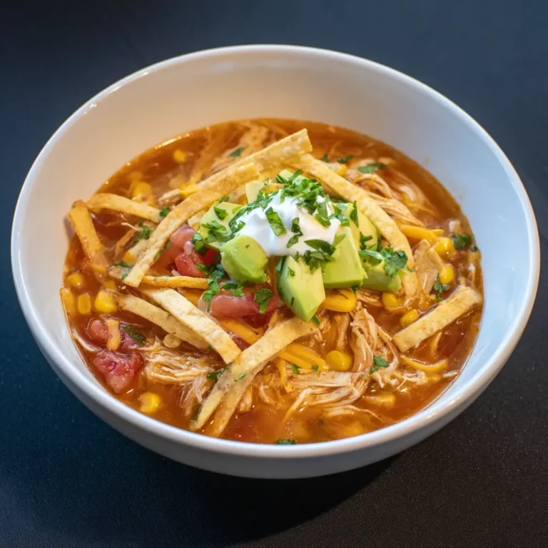 Appetizing bowl of crockpot chicken tortilla soup with avocado, sour cream, and crispy tortilla strips.