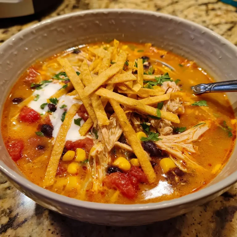 A vibrant bowl of easy chicken tortilla soup, garnished with crispy tortilla strips, sour cream, and fresh cilantro.