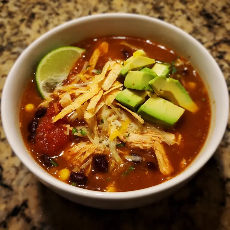 A vibrant bowl of instant pot chicken tortilla soup topped with crispy tortilla strips, shredded cheese, fresh avocado, and a lime wedge on a speckled countertop.