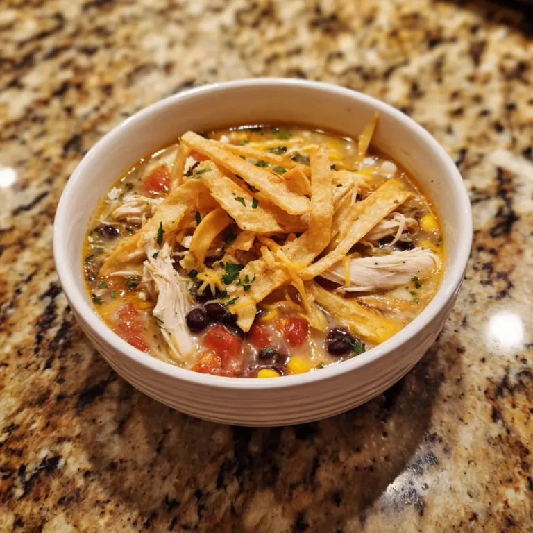 A vibrant bowl of creamy chicken tortilla soup topped with crispy tortilla strips, black beans, corn, and cilantro on a speckled countertop.