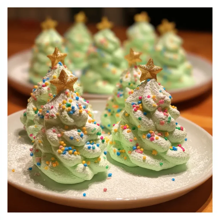 Close-up of pastel green Christmas tree meringues, decorated with colorful sprinkles and golden stars, perfect for a festive Christmas tree meringues recipe.