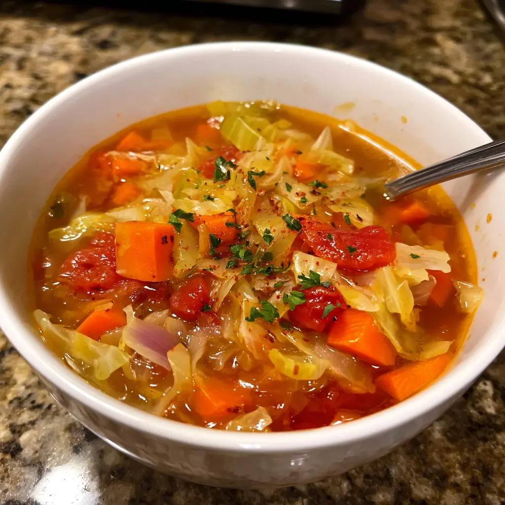 Close-up of a hearty bowl of vegetable soup with prominent cabbage, ideal for a cabbage soup diet recipe.