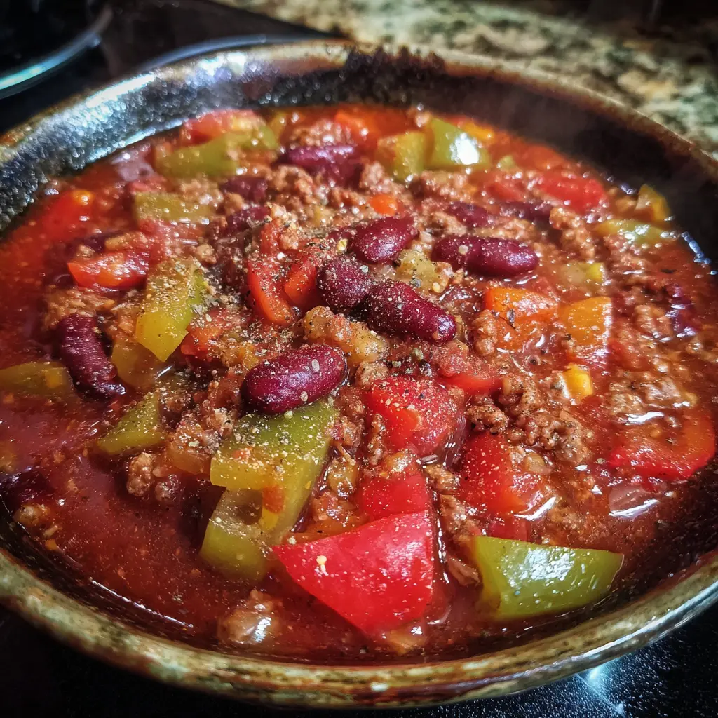 A vibrant, steaming bowl of an easy chili recipe stovetop, featuring ground meat, beans, and colorful bell peppers.
