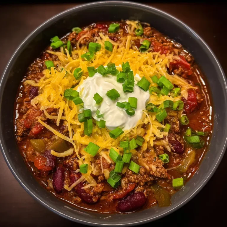 Overhead view of a delicious bowl of homemade venison chili recipe, generously topped with shredded cheddar cheese, sour cream, and fresh green onions.