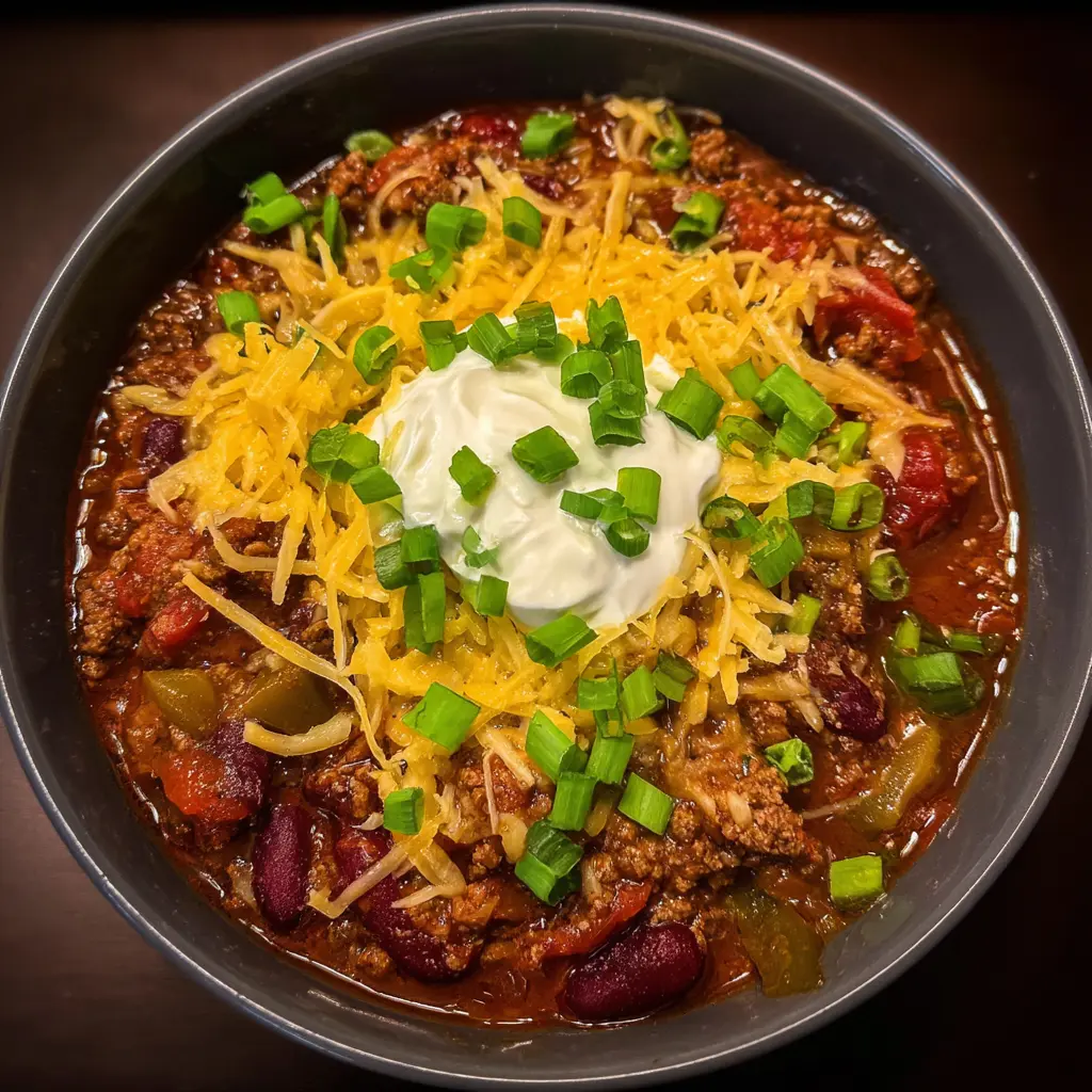 Overhead view of a delicious bowl of homemade venison chili recipe, generously topped with shredded cheddar cheese, sour cream, and fresh green onions.