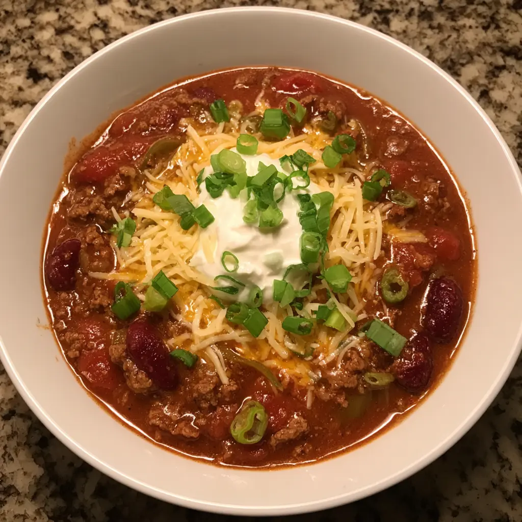 Hearty venison chili recipe topped with melted cheddar, sour cream, and fresh green onions.