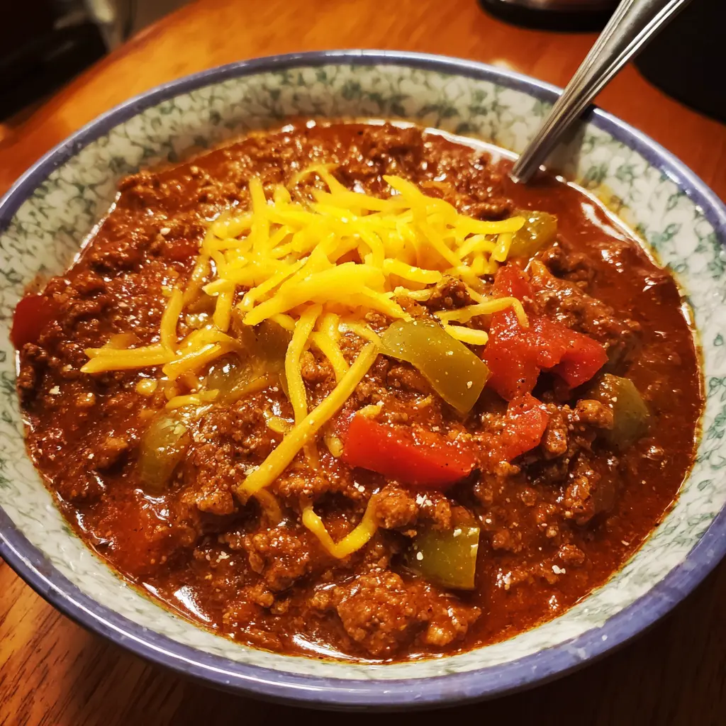 Hearty bowl of no bean chili recipe topped with melted cheddar cheese on a rustic wooden table.