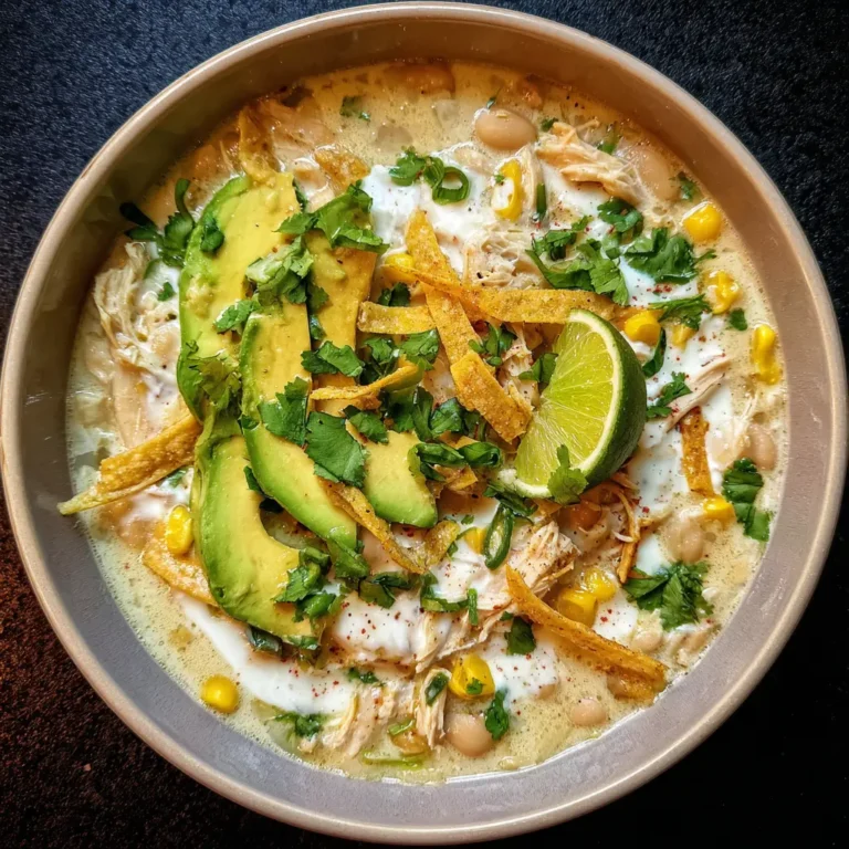 An overhead shot of a creamy white chicken chili recipe, richly garnished with avocado, sour cream, cilantro, and crispy tortilla strips.