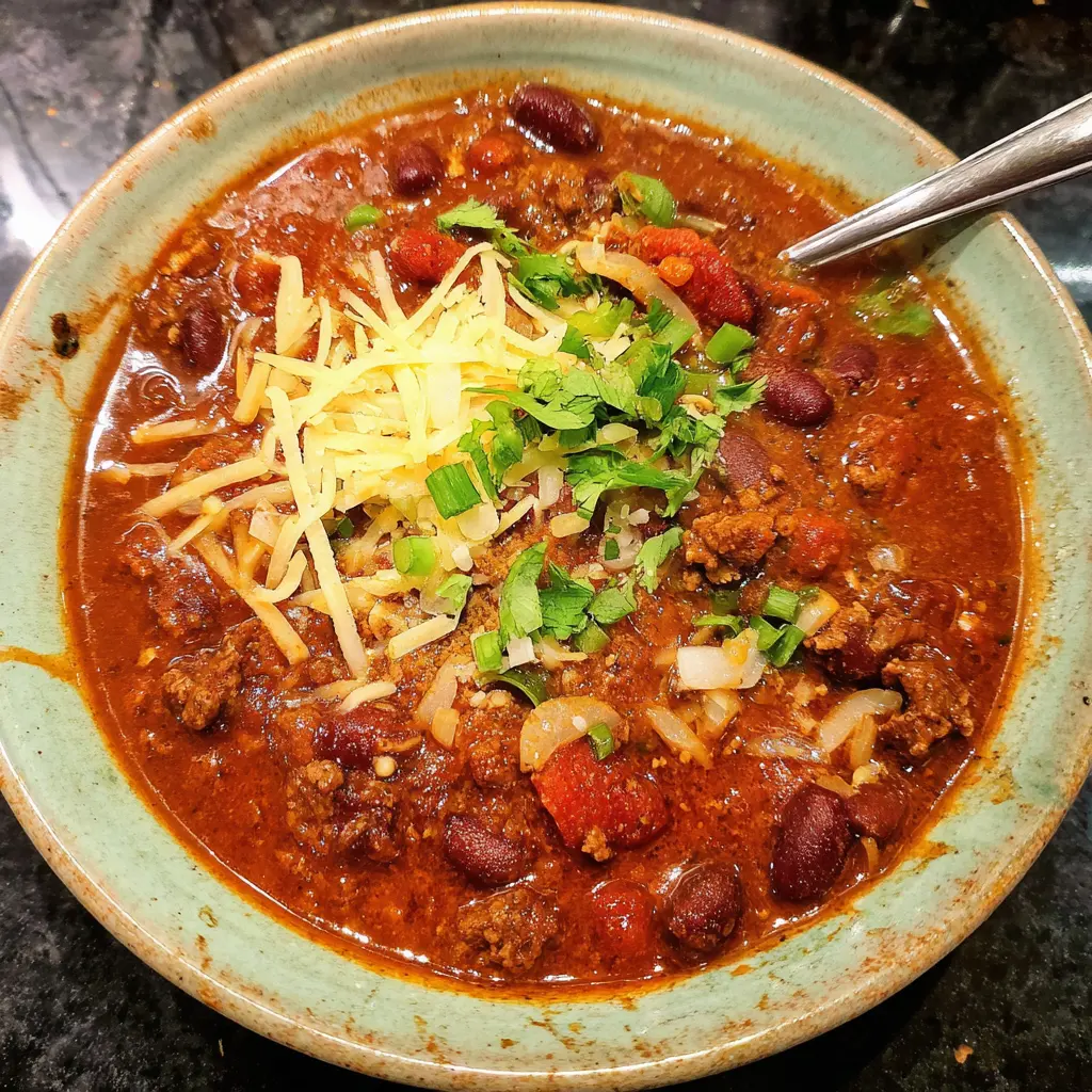 A vibrant, hearty bowl of classic chili recipe topped with melted cheddar cheese, fresh green onions, and cilantro.