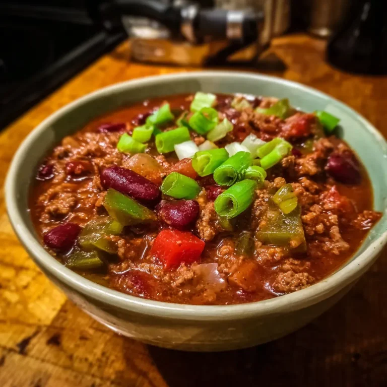 Close-up of a hearty bowl of homemade chili recipe, garnished with fresh green onions.